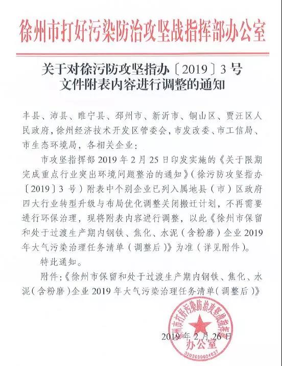 《徐州處于保留和過渡期內(nèi)鋼鐵、水泥、焦化企業(yè)2019年大氣污染治理任務(wù)清單》